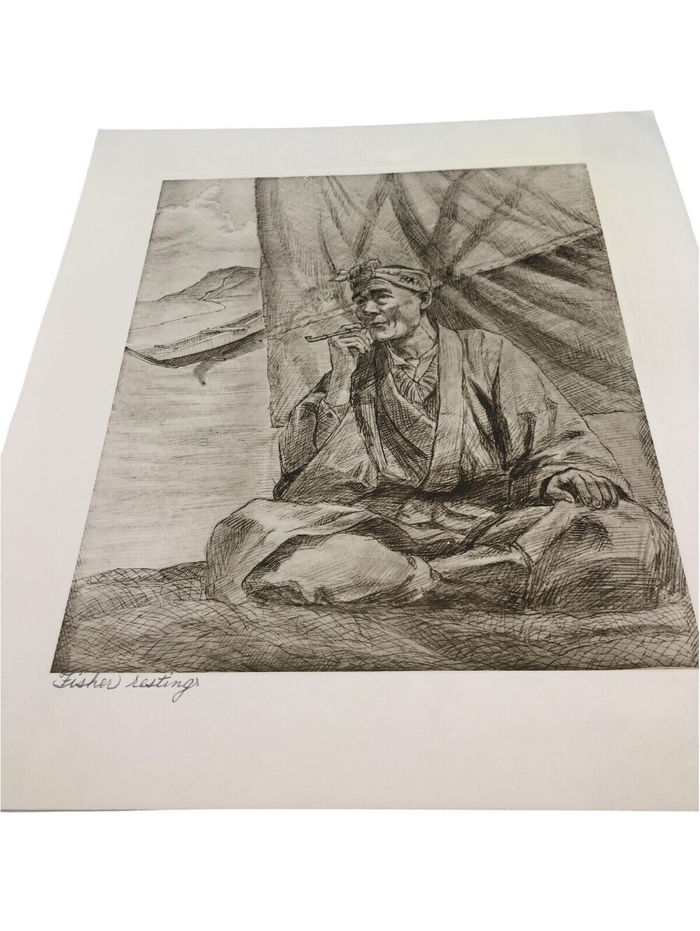 Fisher Resting Fisherman Limited Edition Original Brown Etching Art Print 15x13
